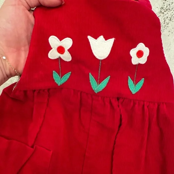 Vintage Girl’s Corduroy Red Flower Appliqué Overall Jumpsuit Romper - Picture 3 of 7